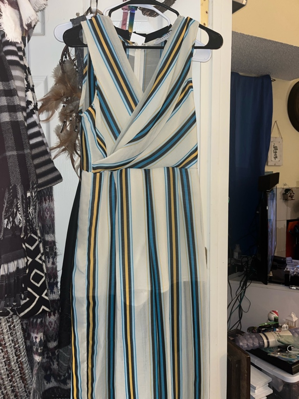 FAVLUX Striped V-Neck Maxi Dress in Cream, Blue and Black